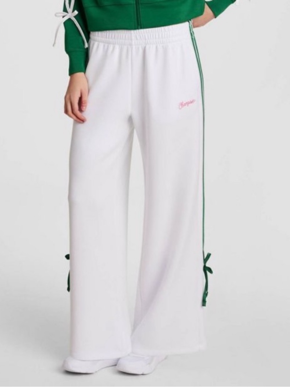 Champion NWT M White Wide-Leg Track Pants with Green Trim & Bows